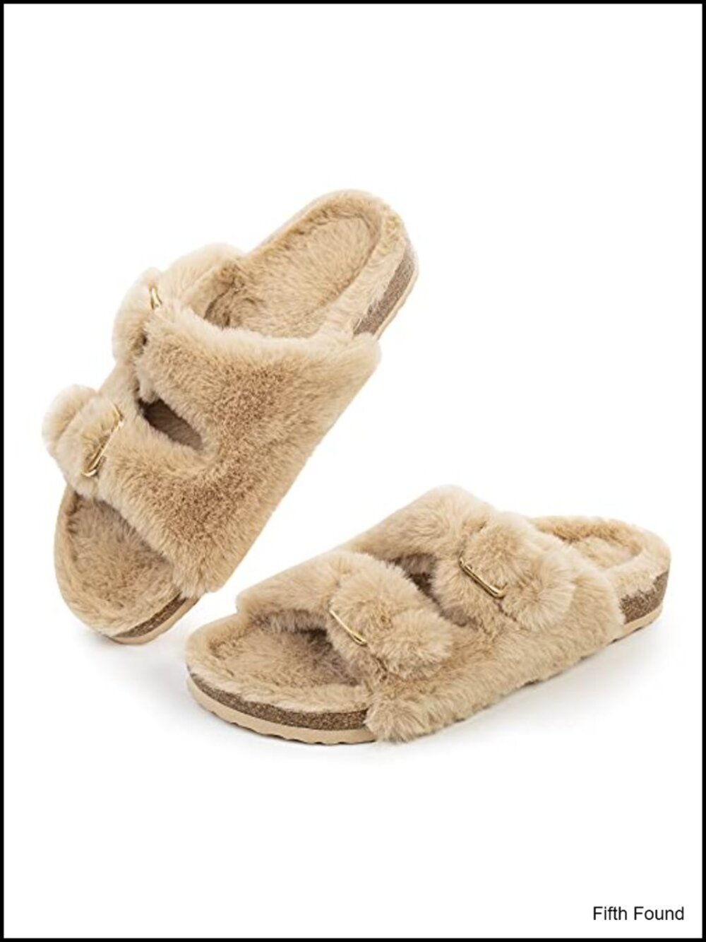 Faux Rabbit Fur Cork Slide Slippers Open Toe Double Strap Arch Support